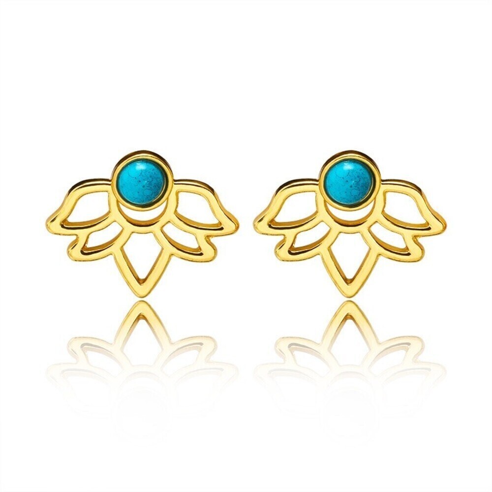 Gold Tone Lotus Flower Ear Jacket Pierced Stud Earrings Turquoise Blue Color